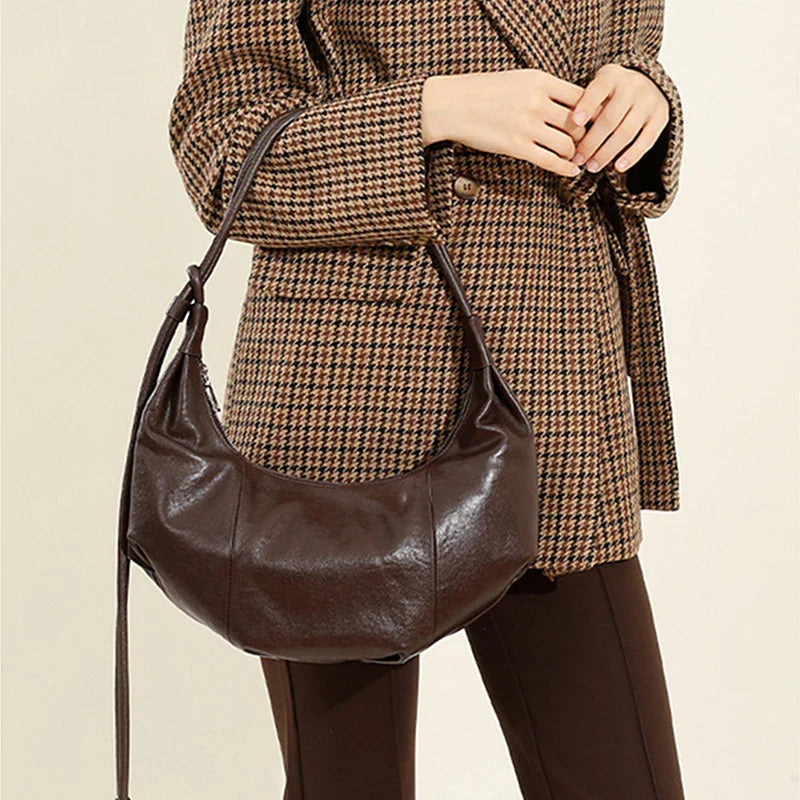 Cowhide Genuine Leather Half Moon Shoulder Bag