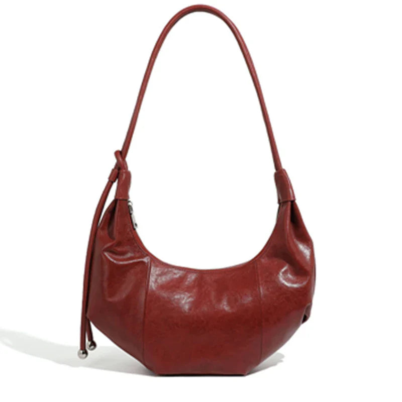 Cowhide Genuine Leather Half Moon Shoulder Bag - Burgundy