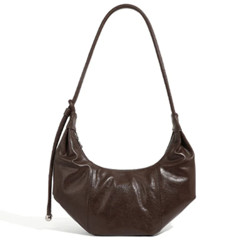 Cowhide Genuine Leather Half Moon Shoulder Bag - Coffee