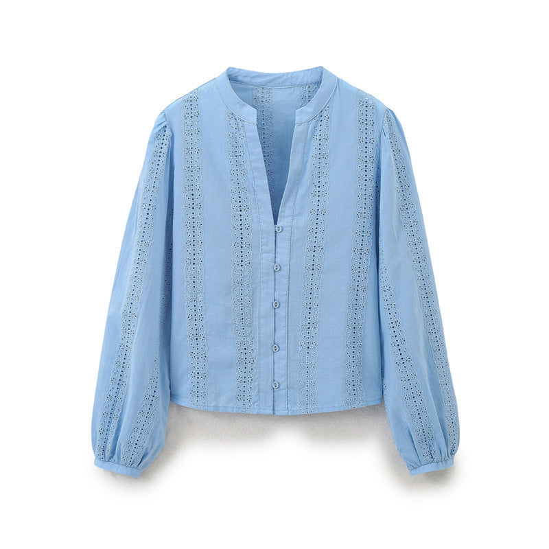 Crew Neck Long Sleeve Single-breasted Blue Embroidered Shirt For Women - Other