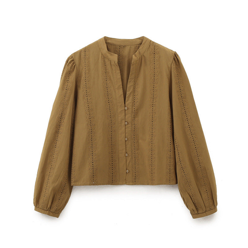 Crew Neck Long Sleeve Single-breasted Blue Embroidered Shirt For Women - Other