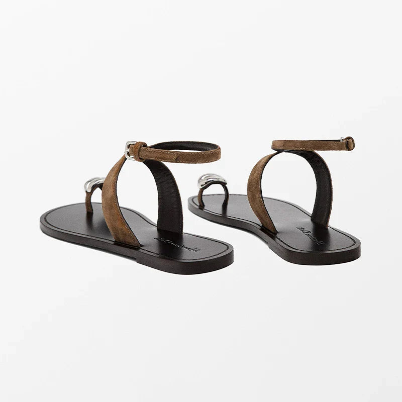 Cross-Strap Sandals with Top-Grain Leather - Brown / 35 / CN