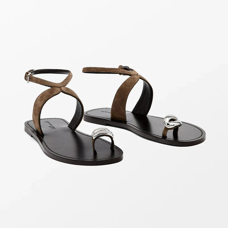 Cross-Strap Sandals with Top-Grain Leather - Brown / 35 / CN