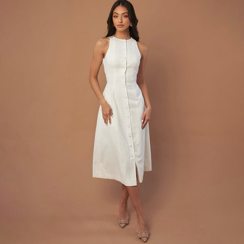 Sleeveless Round Neck Multi-button Strap Casual Dress - Norellé