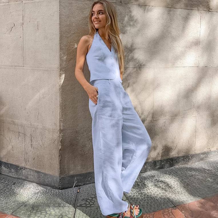 Blue Cotton Linen Sleeveless Waistcoat Vest Trousers Suit - Norellé