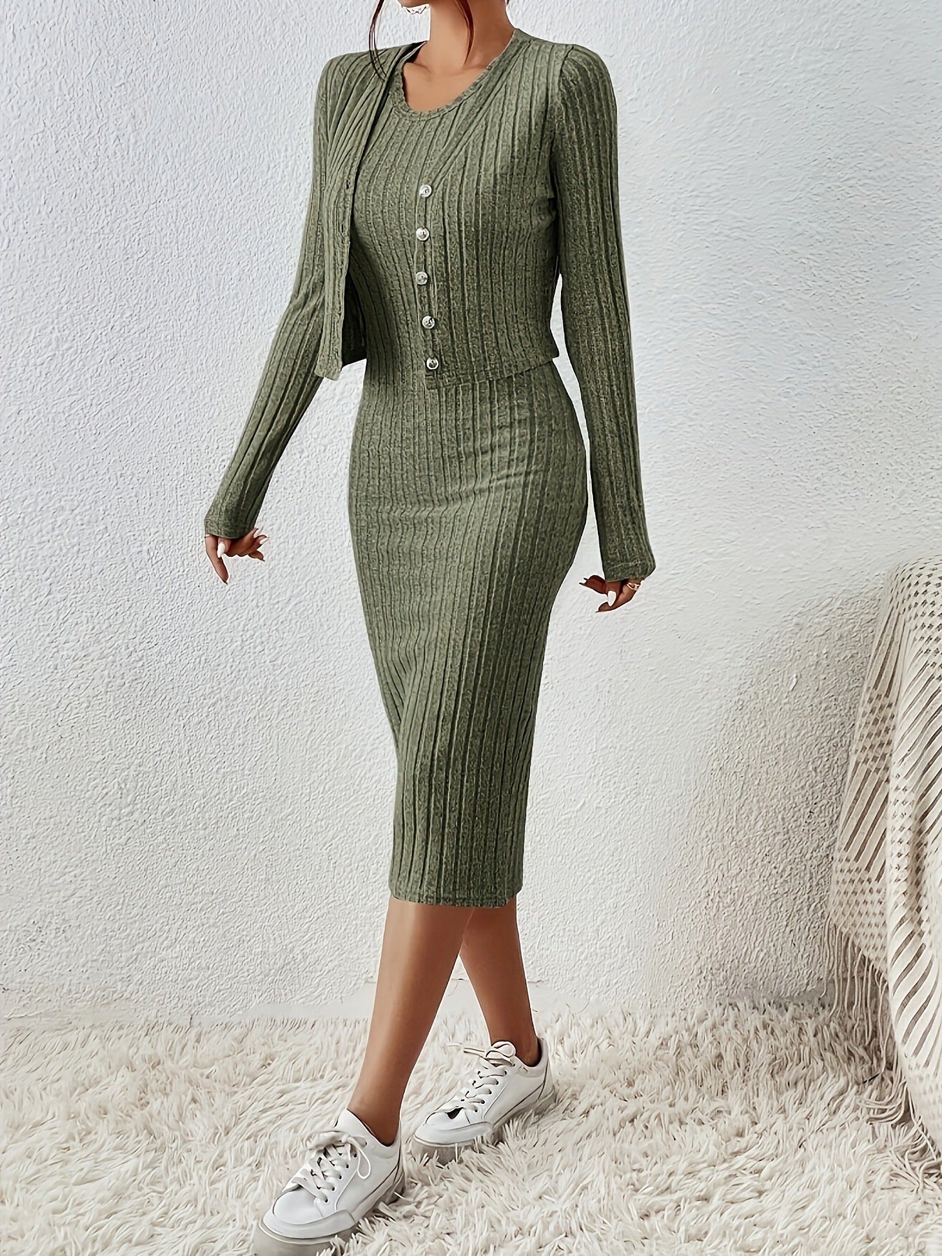 Front Button Cropped Top And Slim Fit Dress - Norellé