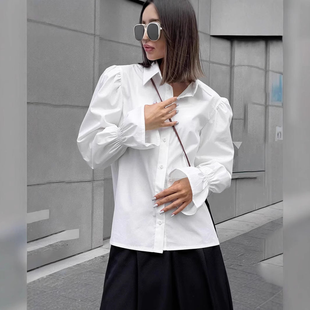 White Loose Puff Sleeves Shirt Women's Top - Norellé