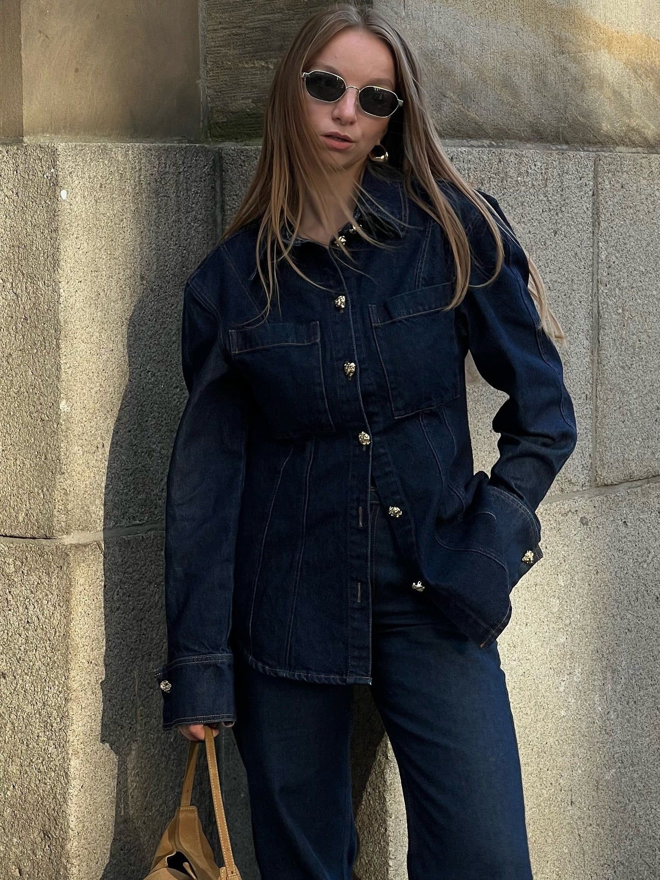 Simple Trendy Solid Color Single-breasted Denim Coat Trousers Suit - Norellé