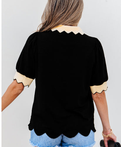 Black Color Contrast Collared V Neck Puff Sleeve Blouse - Norellé