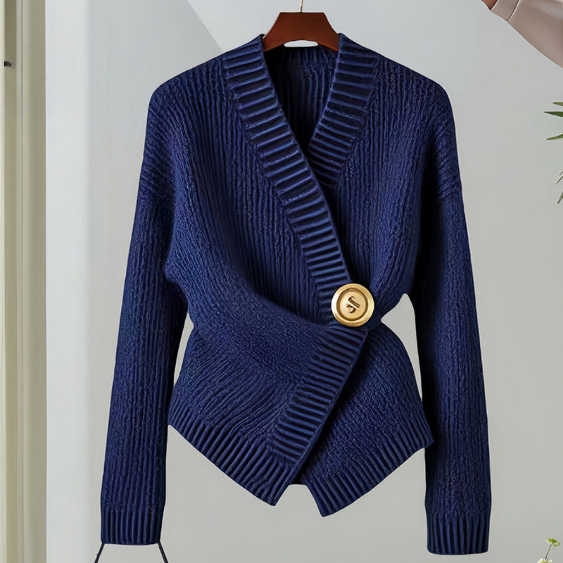 Dark Blue Irregular V-neck Fitted Waist Sweater Knitwear - Other
