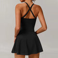 Black criss-cross back athletic dress, stylish sportswear gym jumpsuit for active wear