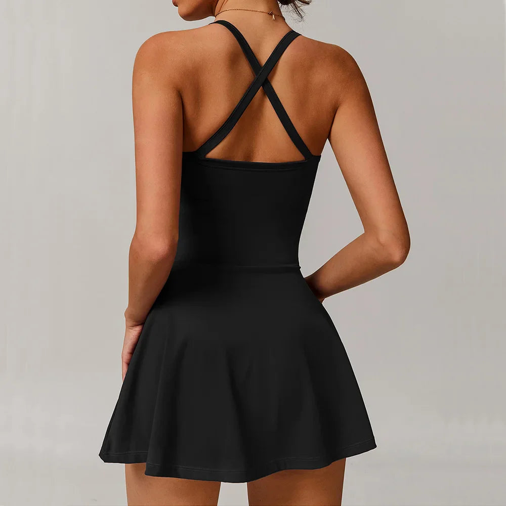 Black criss-cross back athletic dress, stylish sportswear gym jumpsuit for active wear