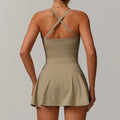 Khaki-colored athletic dress with criss-cross back straps and flared skirt for yoga boilersuit sleeveless and sportswear gym jumpsuits