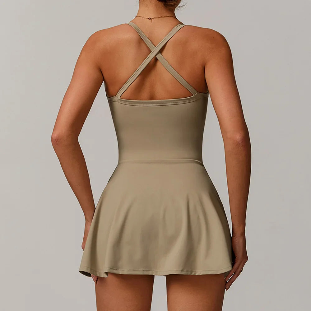 Khaki-colored athletic dress with criss-cross back straps and flared skirt for yoga boilersuit sleeveless and sportswear gym jumpsuits