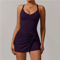 Dark purple V-neck knotted sportswear gym jumpsuit ideal for yoga boilersuit sleeveless workouts