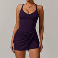 Dark purple V-Neck Knotted Sportswear Gym Dress with athletic skort and tank top