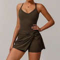 Dark Olive Green Athletic Skort and Top Set with Twisted Knot Design for Yoga Boilersuit Sportswear Gym Jumpsuits