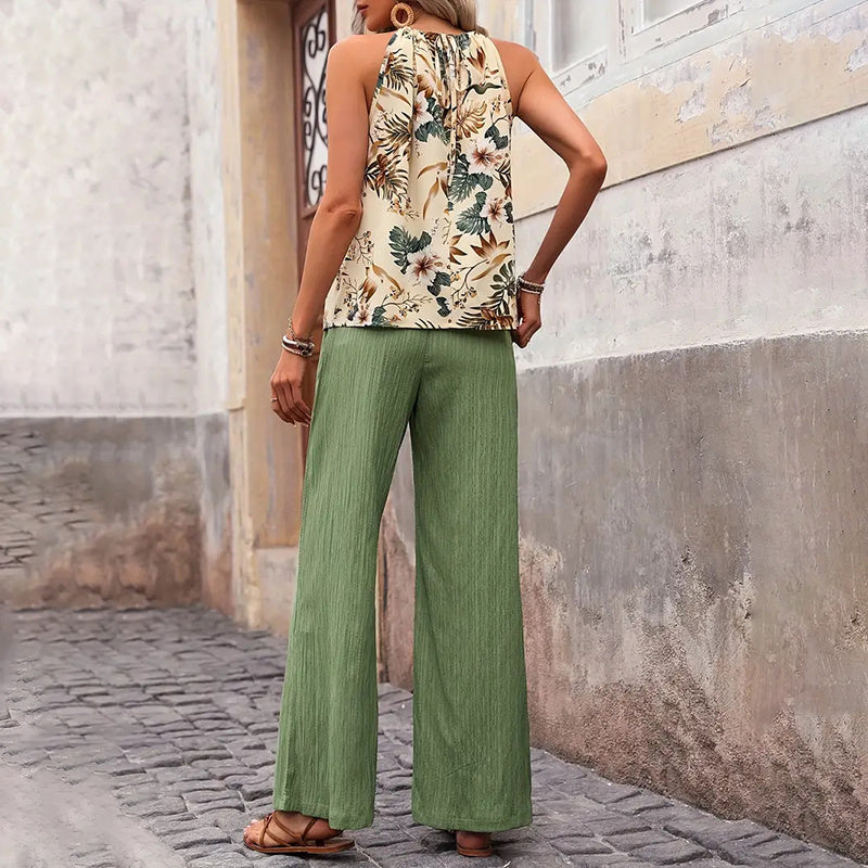 Women's 2 Piece Outfits Casual Sleeveless Halter Neck Crop Tops Wide Leg Pants Set - Norellé