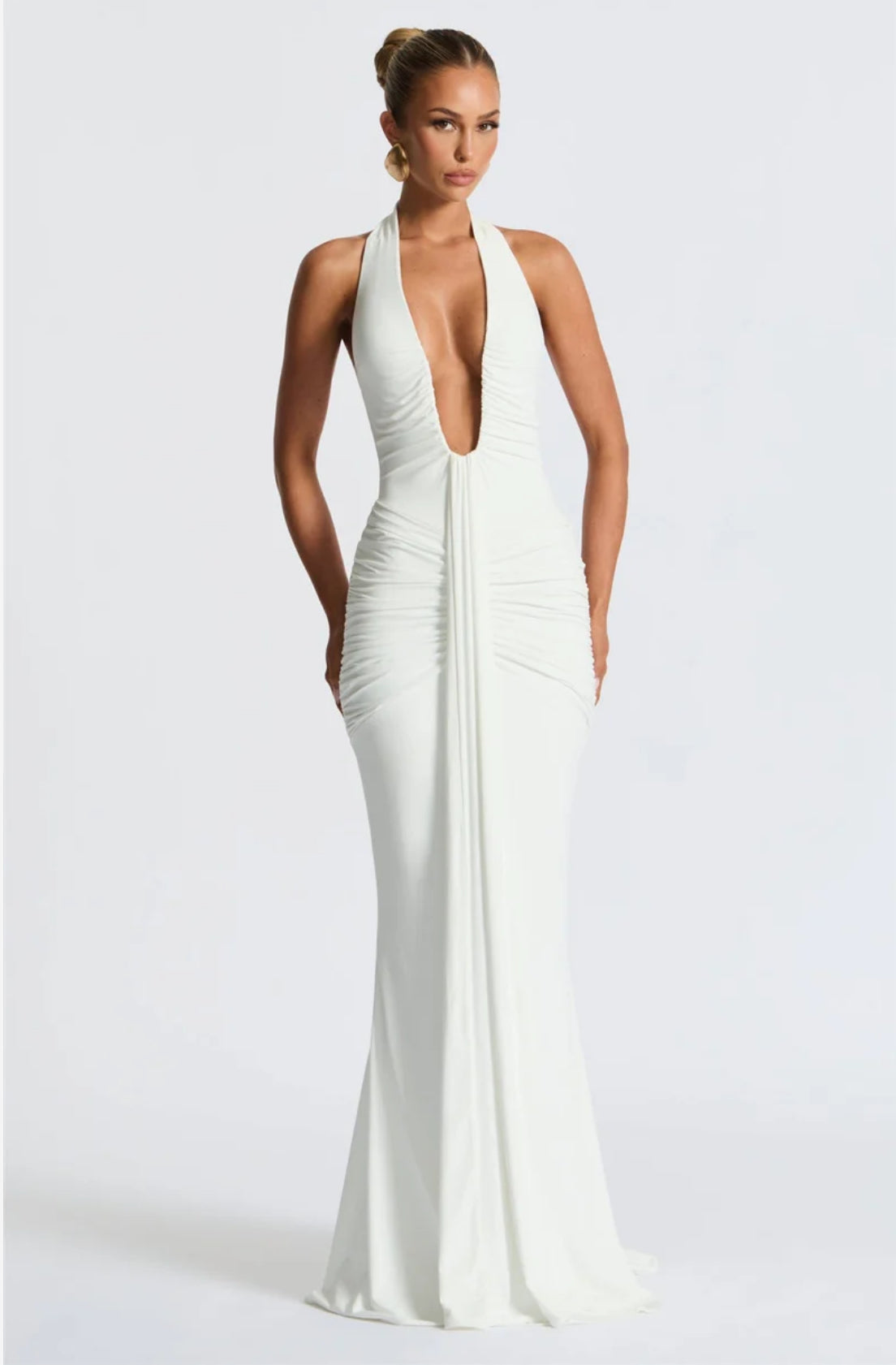 Deep V Neck Backless Ruched Maxi Dress Women