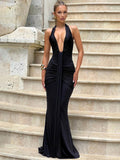 Deep V Neck Draped Ruched Maxi Dress Women - black / S