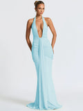 Deep V Neck Draped Ruched Maxi Dress Women - Blue / S
