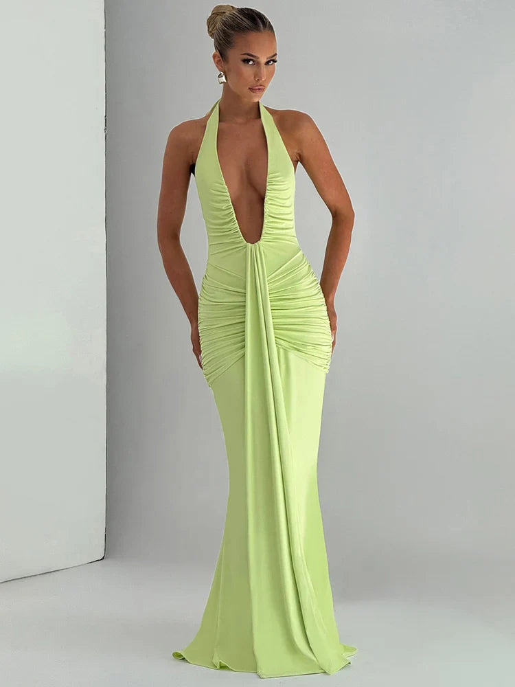 Deep V Neck Draped Ruched Maxi Dress Women - green / S