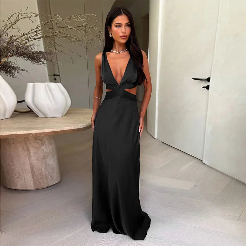 Deep V neck Hollow Long Dress - Black / L