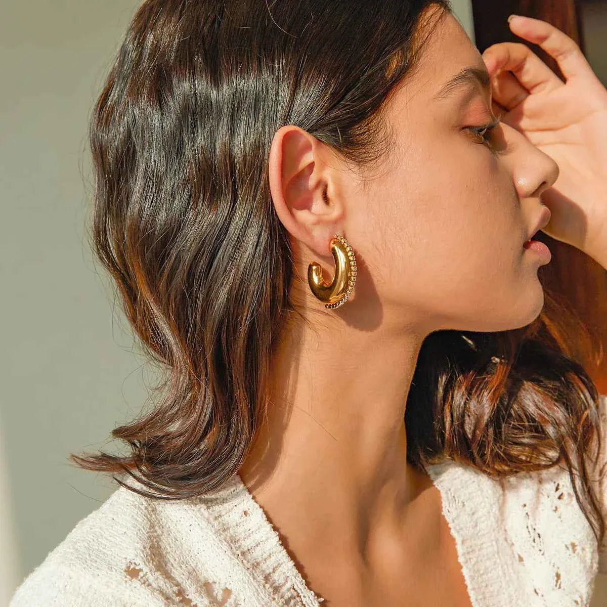 Delicate Rhinestone Inlay Stainless Steel Hoop Earrings