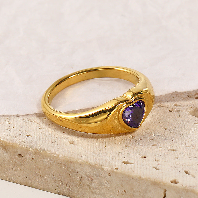 Design Heart-shaped Inlaid Zircon Titanium Steel Ring For Women - Golden Purple Diamond / No 10 - electronic accessories