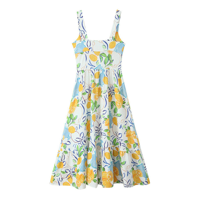 Blended Linen Printing Midi Skirt Dress - Norellé
