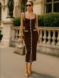 Vest-style Dress Contrast Color Single Row Multi-buckle Slit Long Knitted Dress - Norellé
