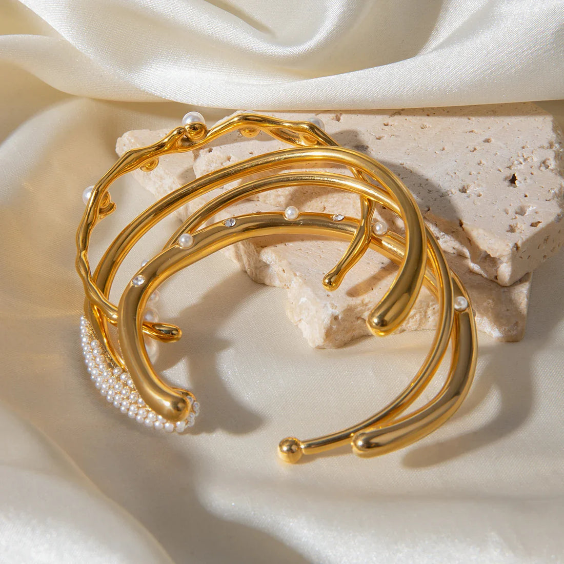 Double Wrap Stack Bracelet Pearl Open Bangle
