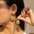 Drop-shaped Micro-inlaid Turquoise Pleated Ear Studs - Gold 3184 - electronic accessories