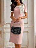 Women's Clothing Round Neck Bowknot Contrasting-color Dress - Norellé