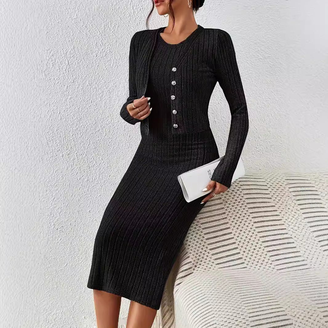 Front Button Cropped Top And Slim Fit Dress - Norellé