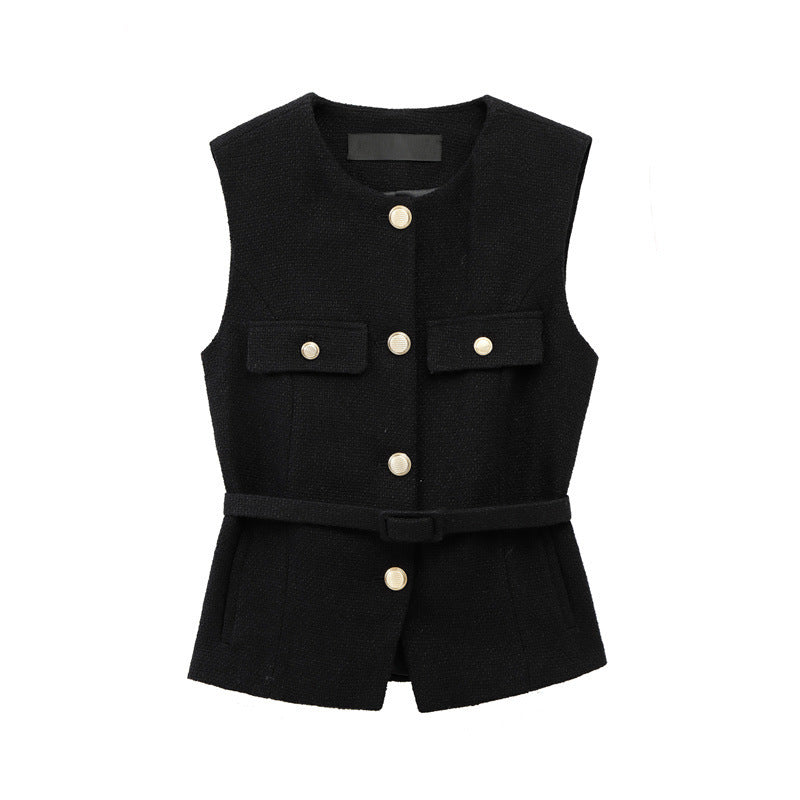 Metal Clasp With Belt Punk Texture Crew Neck Vest - Norellé