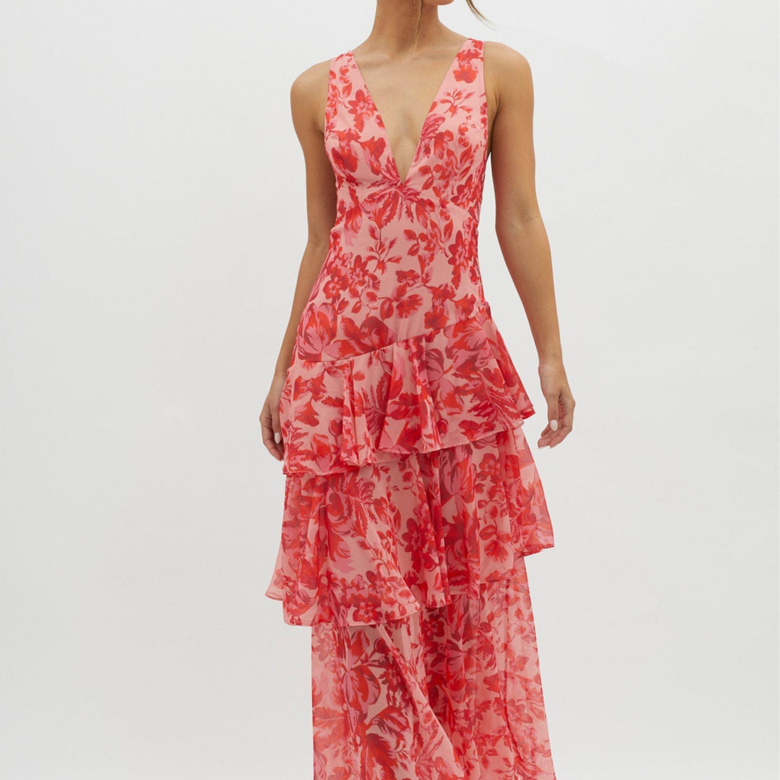 Women's Spaghetti-strap Floral Print Backless Multi-layer V-neck Dress - Norellé