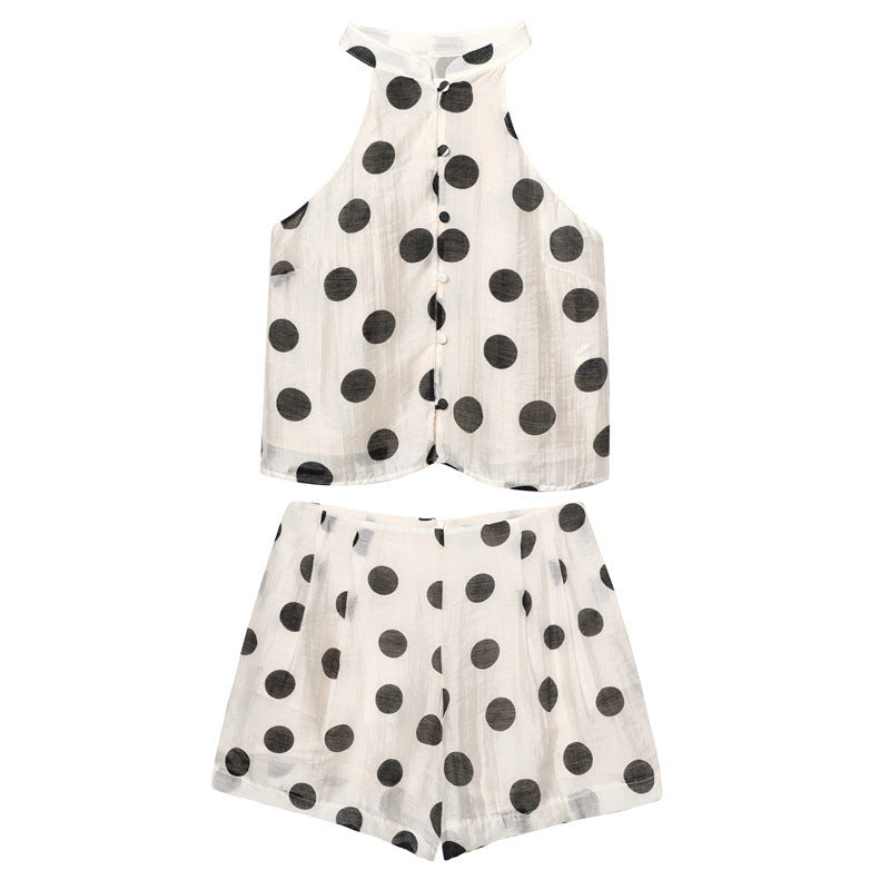 Polka Dot Hanging Collar Top Pleated Decorative Casual Shorts - Norellé