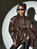 Elastic Waist Cinching Brwon Leather Jacket Women