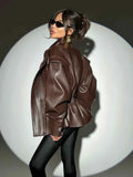 Elastic Waist Cinching Brwon Leather Jacket Women