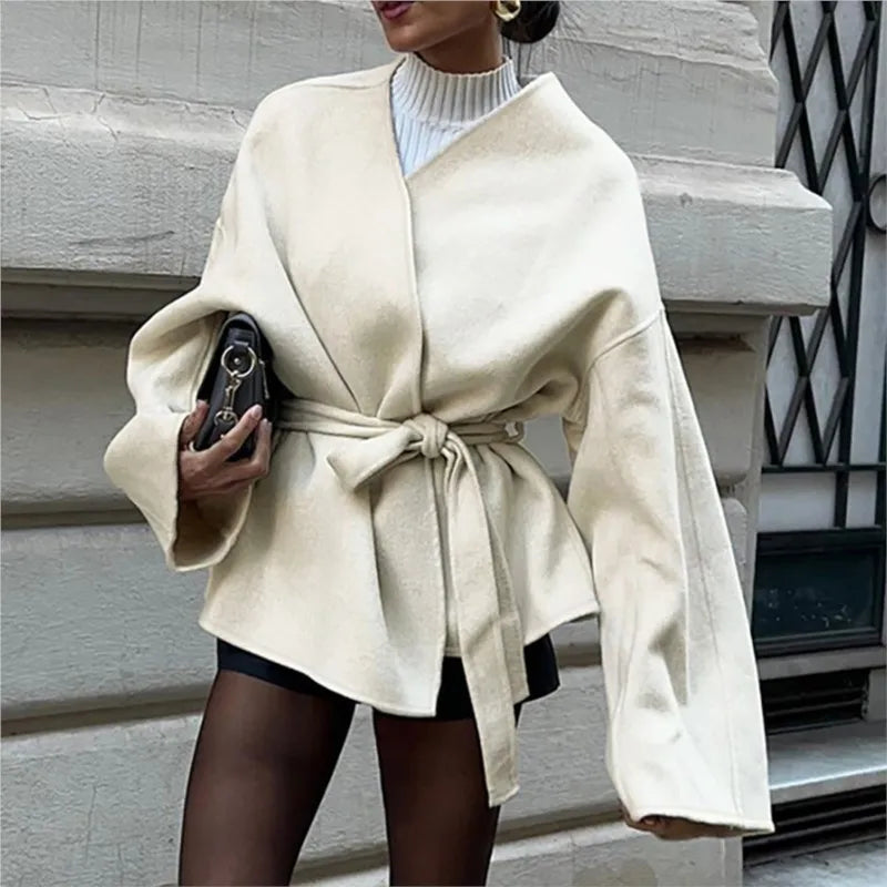 Elegant Belt Lace Up Woolen Jacket For Women