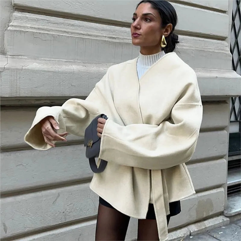 Elegant Belt Lace Up Woolen Jacket For Women