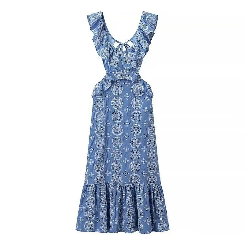 Elegant Cotton Embroidered Layered Decorated Midi Dress - L / 2802 Blue