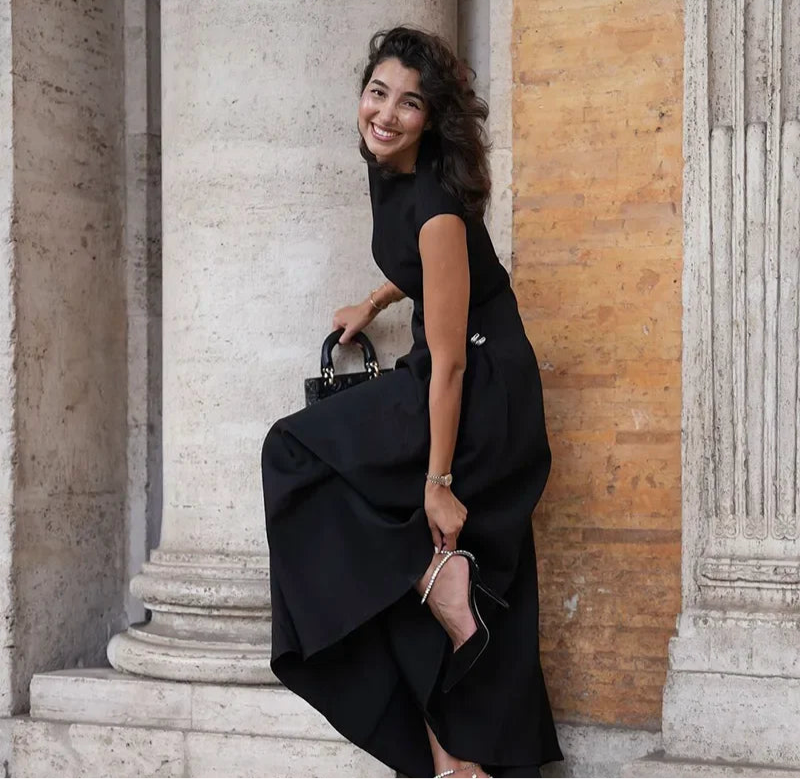 Elegant Diagonal Neck Metal Long Brown Dress