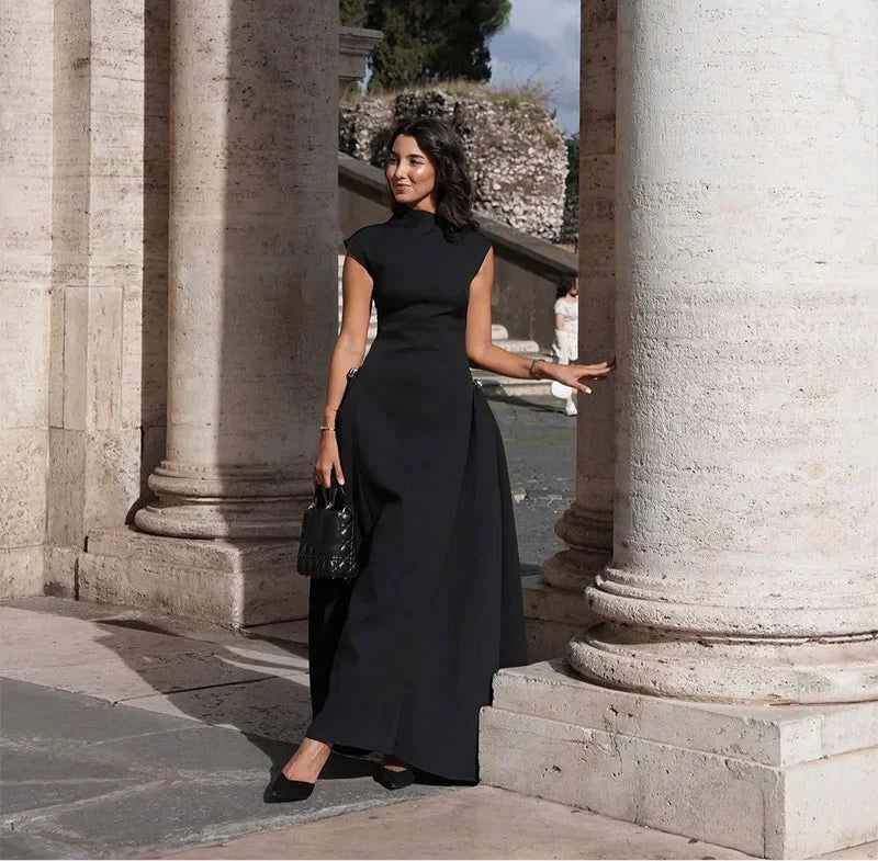 Elegant Diagonal Neck Metal Long Brown Dress