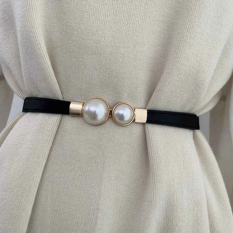 Elegant Double Pearls Buckle Elastic Women Belts