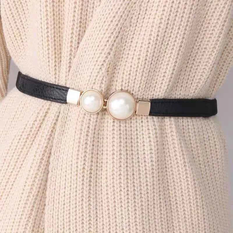 Elegant Double Pearls Buckle Elastic Women Belts