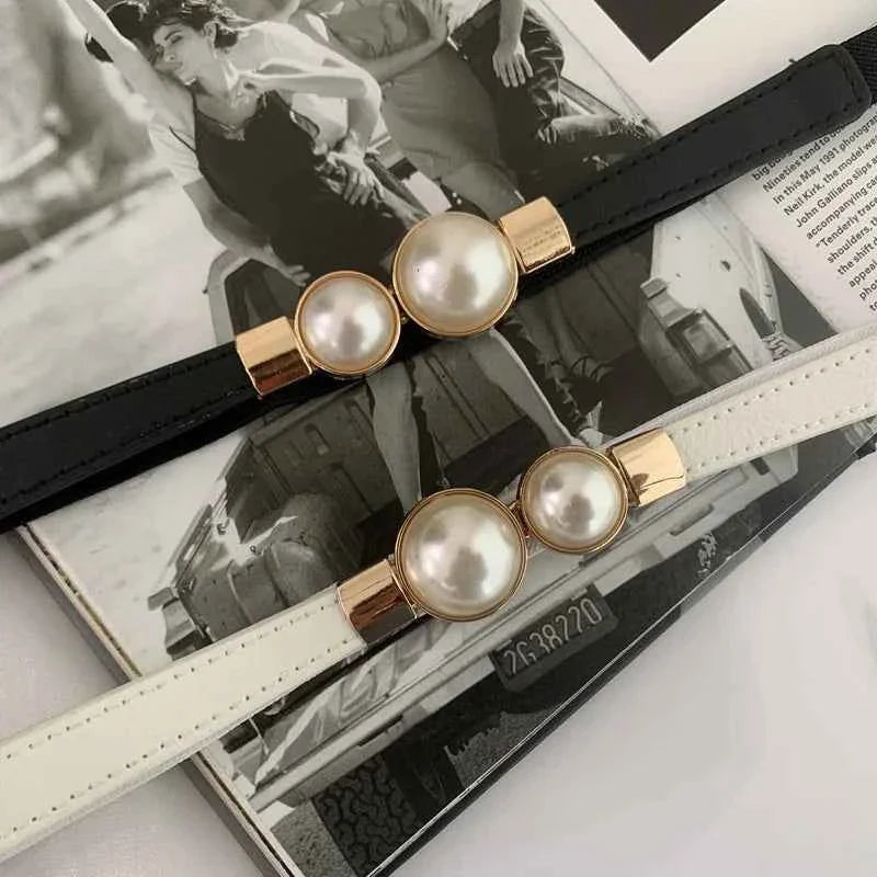 Elegant Double Pearls Buckle Elastic Women Belts