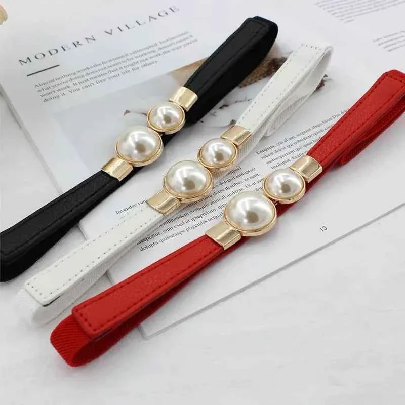 Elegant Double Pearls Buckle Elastic Women Belts