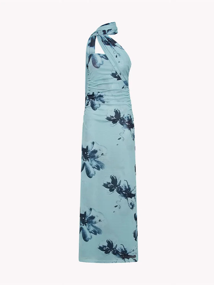 Elegant Floral Print Maxi Dress Backless